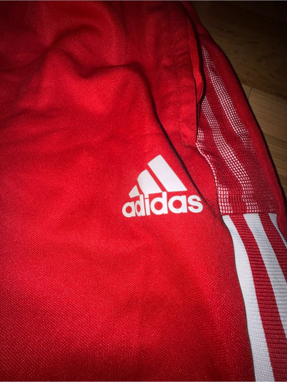 adidas Red Mens Joggers with White Logo & Side Stripes